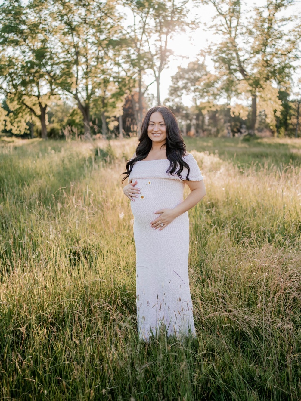Off-Shoulder Knit Maternity Maxi Dress in Light Blush